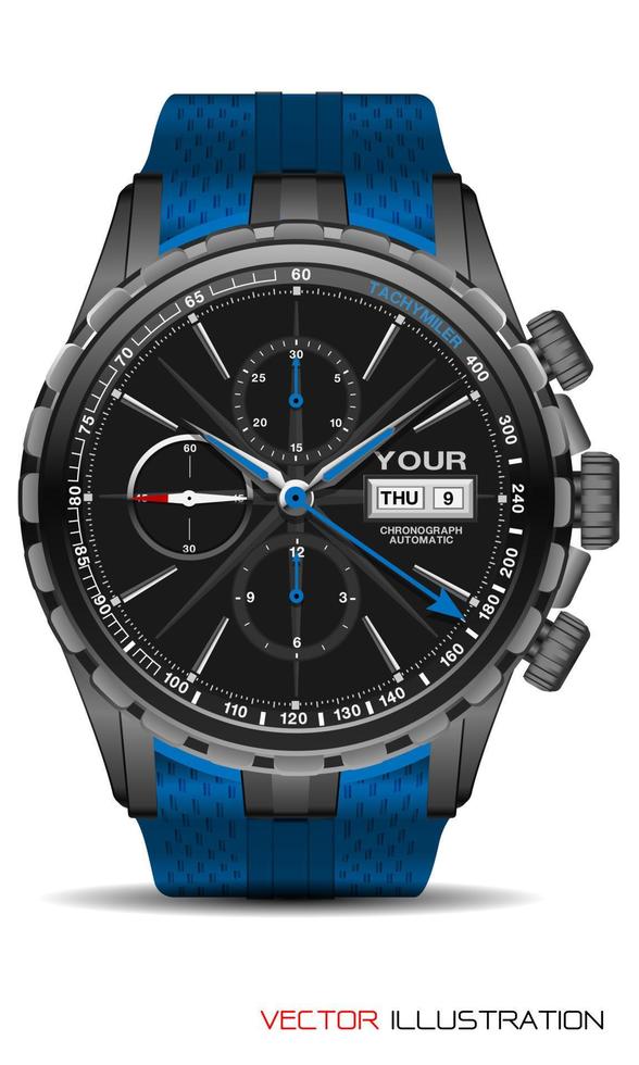 reloj gris realista cronógrafo acero inoxidable goma azul moda en el sentido de las agujas del reloj para hombres diseño lujo vector aislado