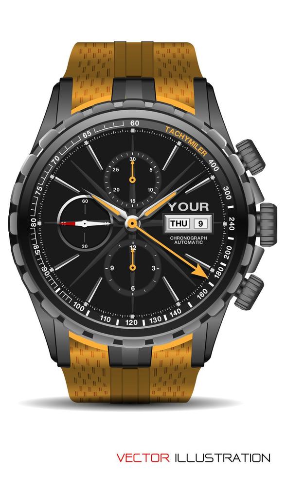 Realistic grey watch chronograph stainless steel yellow rubber clockwise fashion for men design luxury isolated vector