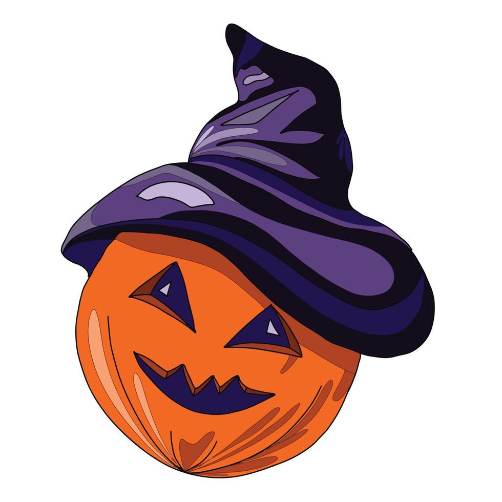 pumpkin lantern in witch hat for halloween, vector illustration