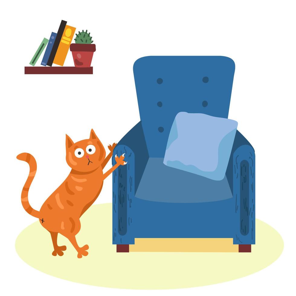 The prankster cat sharpens its claws on an easy chair. Cartoon flat style. Vector illustration