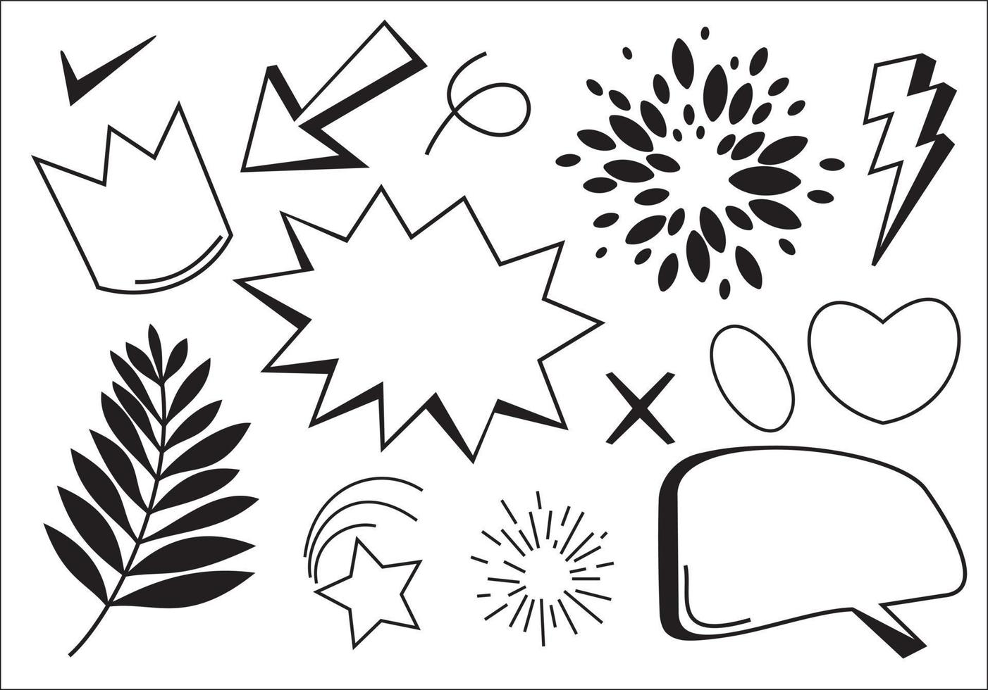 hand drawn set element,black on white background.arrow,leaves,speech bubble,heart,light,king,star,check mark,swirl,for concept design. vector