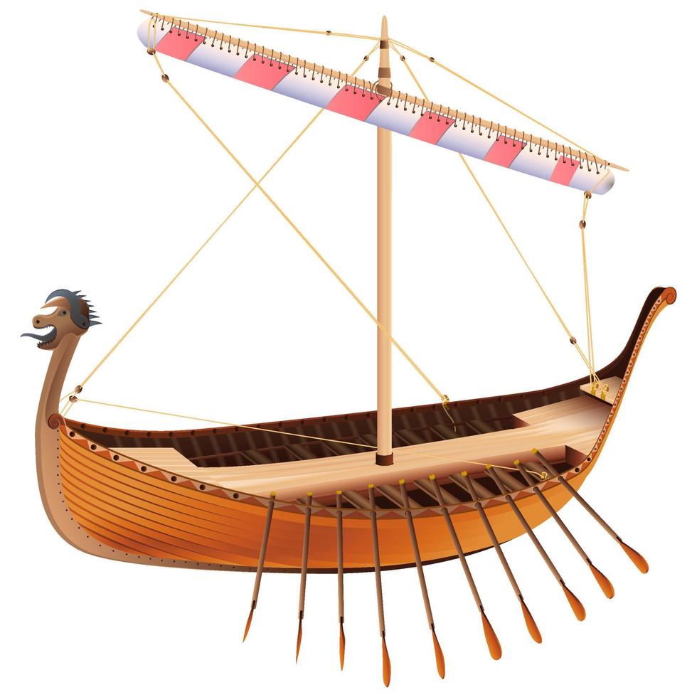 Drakkar. Viking rowing Ship in realistic style. Norman ship sailing. Colorful vector illustration isolated on white background.