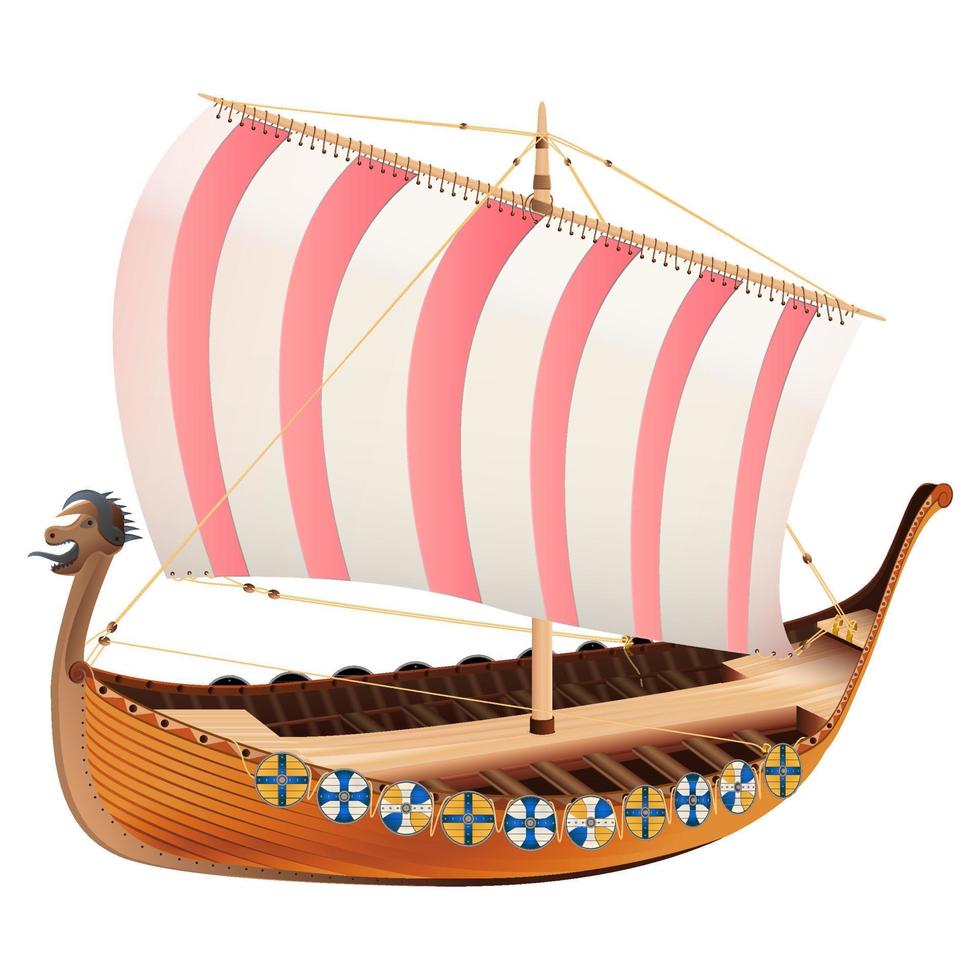 Draccar escandinavo vikingo en estilo realista. barco normando navegando. Ilustración de vector colorido aislado sobre fondo blanco.