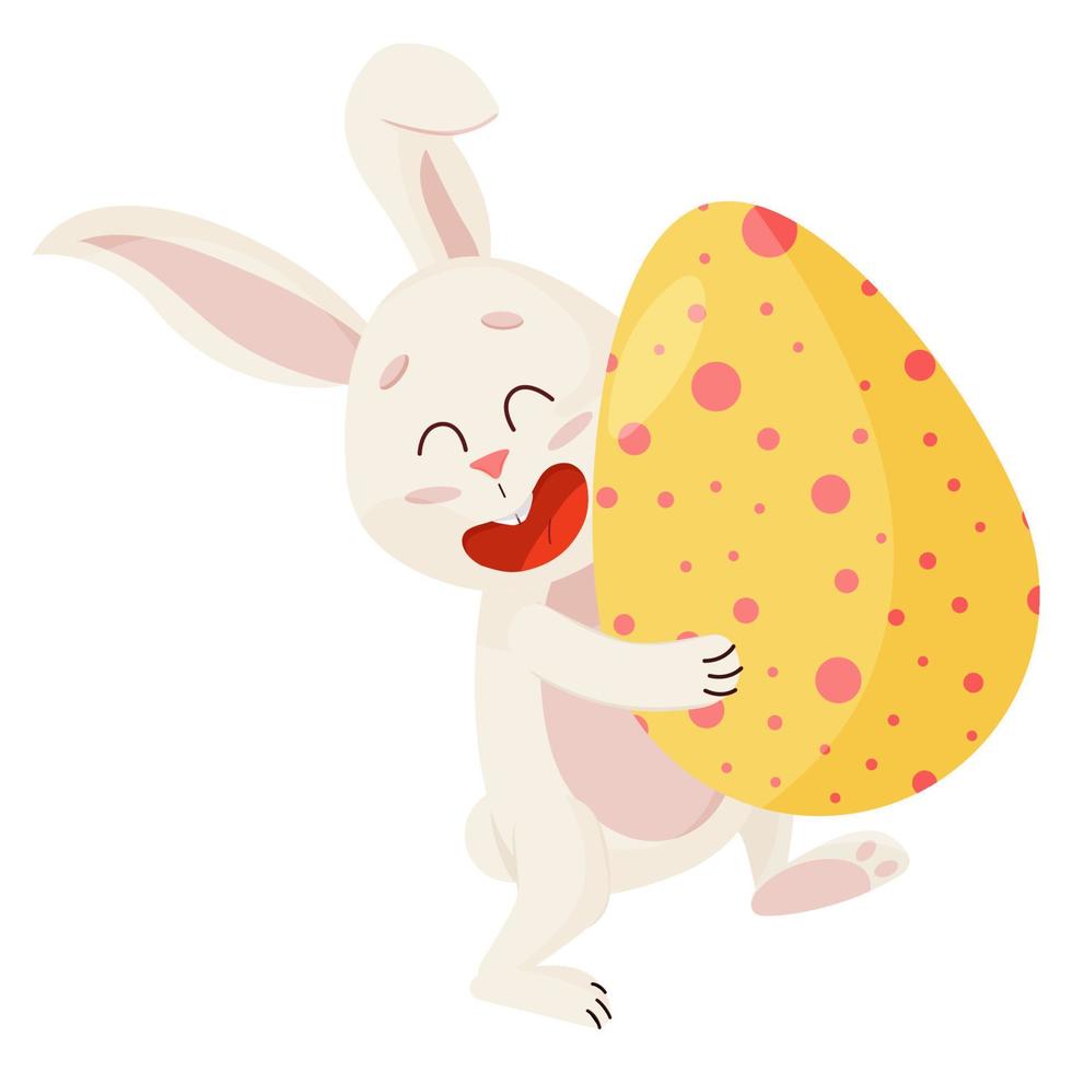 Bunny Character. Laughing Funny, Happy Easter Cartoon Rabbit with Egg vector