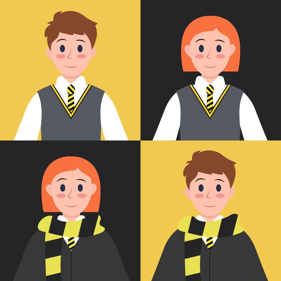 A magic set of school uniforms in yellow and black colors. Vector illustration.