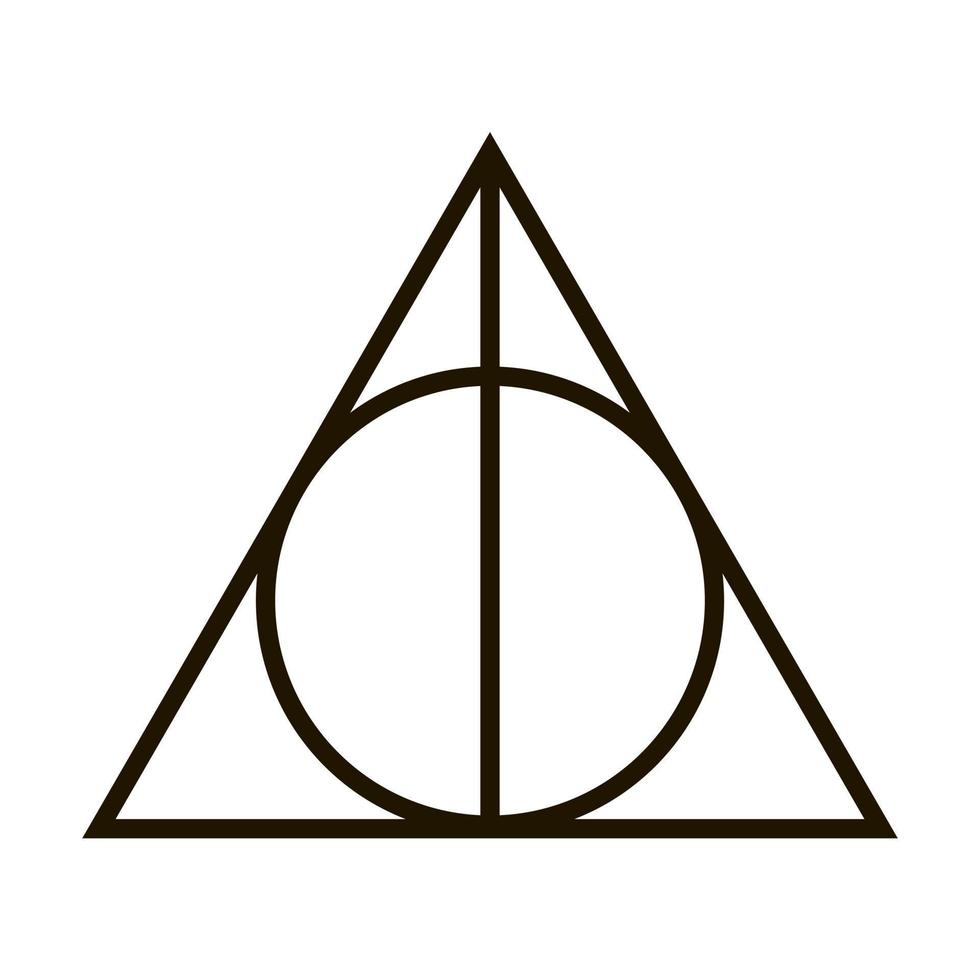 Deathly Hallows, a symbol from the Harry Potter book. A magic wand, a resurrection stone, and a cloak of invisibility. Vector illustration