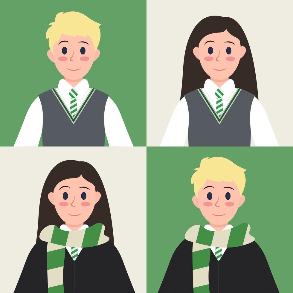 A magic set of school uniforms in silver and green colors. Vector illustration.