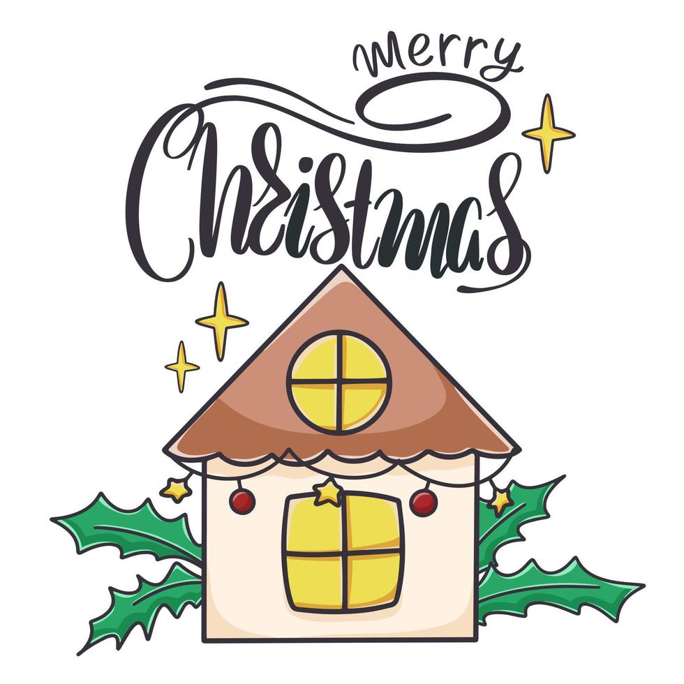 Merry christmas holiday banner with house decorated with lights vector