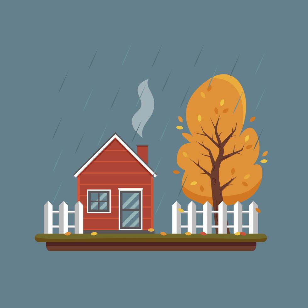 Autumn landscape. Red house, fence and tree with falling leaves in the rain. Autumn season in the village. Country life. Vector illustration in flat cartoon style.