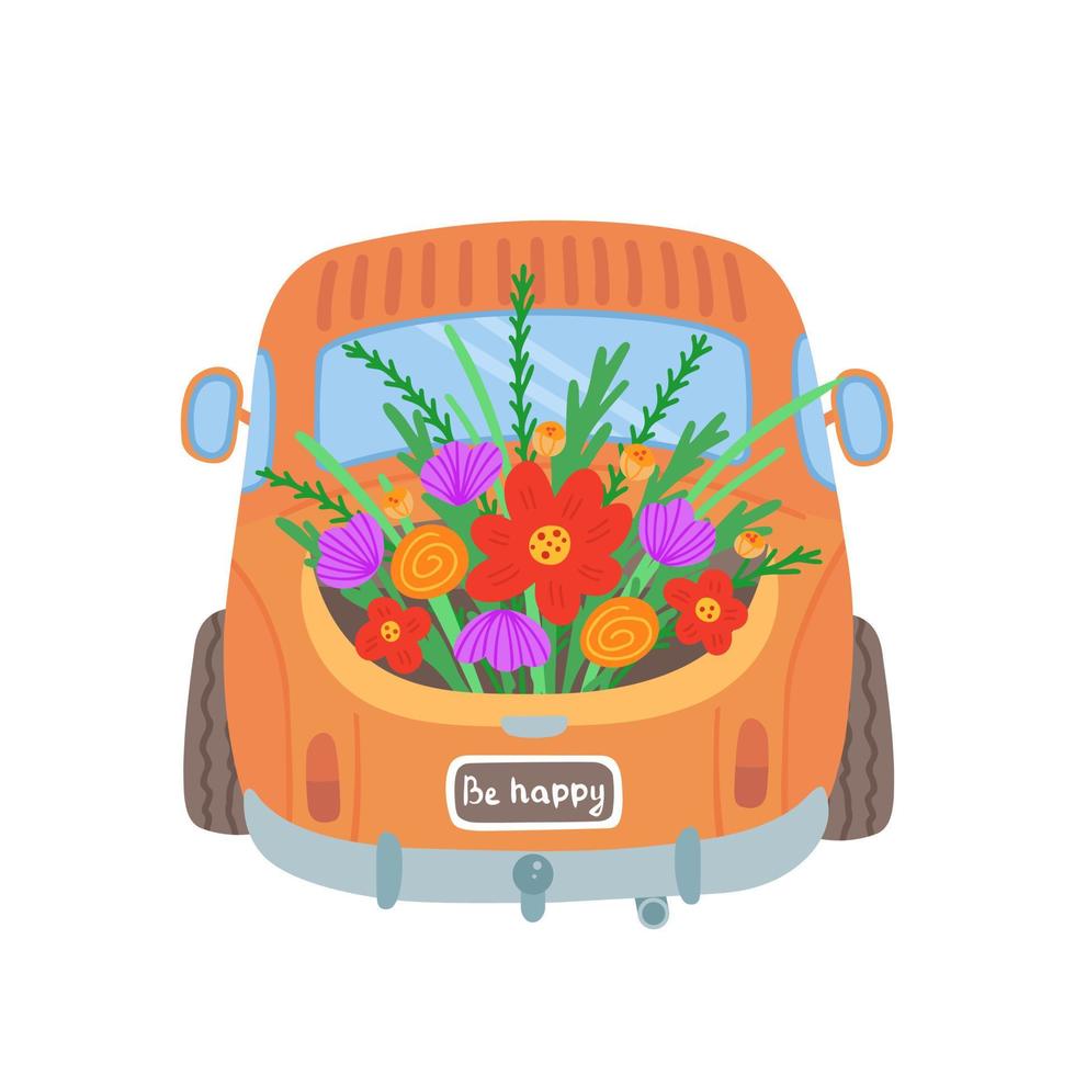 Pickup truck, car with flowers. Illustration for printing, backgrounds, covers and packaging. Image can be used for greeting cards, posters, stickers and textile. Isolated on white background. vector