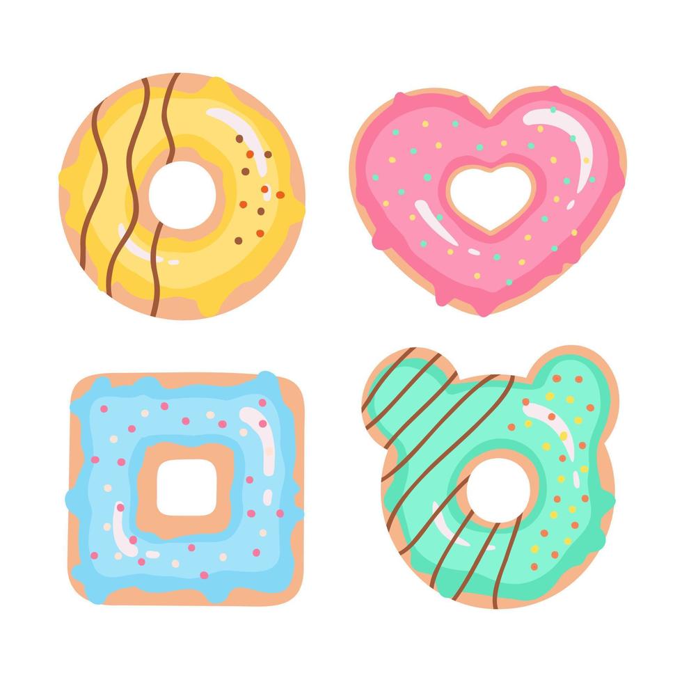Donut set, shape heart, square, donut with ears . Doughnuts in colorful glaze, kids sweets, pastry for menu design, cafe decoration and delivery box. Illustration isolated on white background. vector