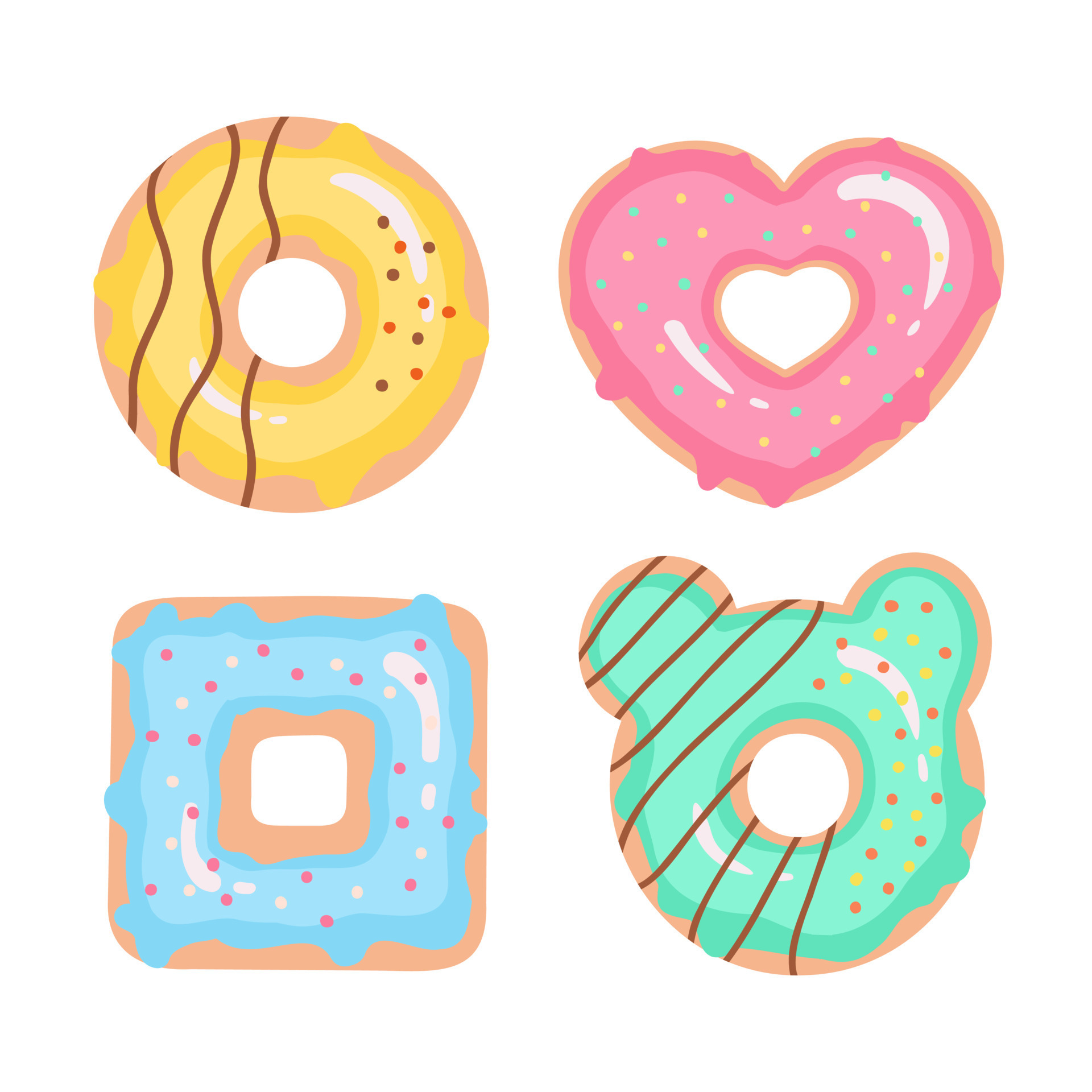 Donut set, shape heart, square, donut with ears . Doughnuts in colorful