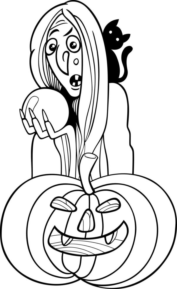 bruja de dibujos animados con bola de cristal y calabaza de halloween página para colorear vector