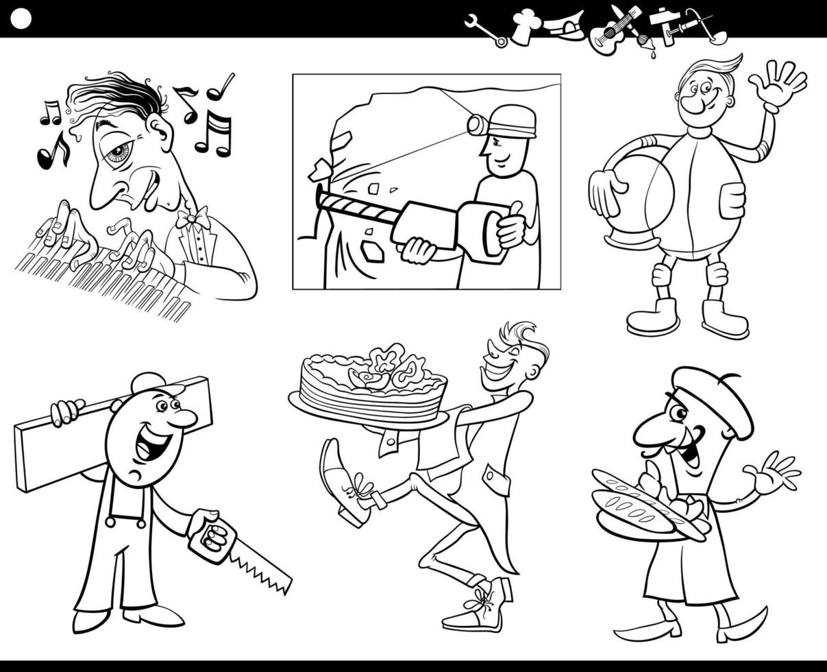 cartoon people occupations set coloring page vector