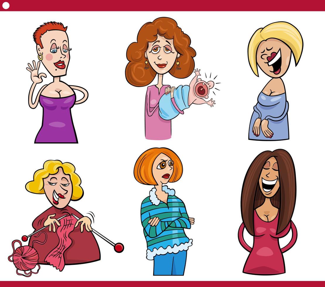 funny cartoon women characters caricature set vector