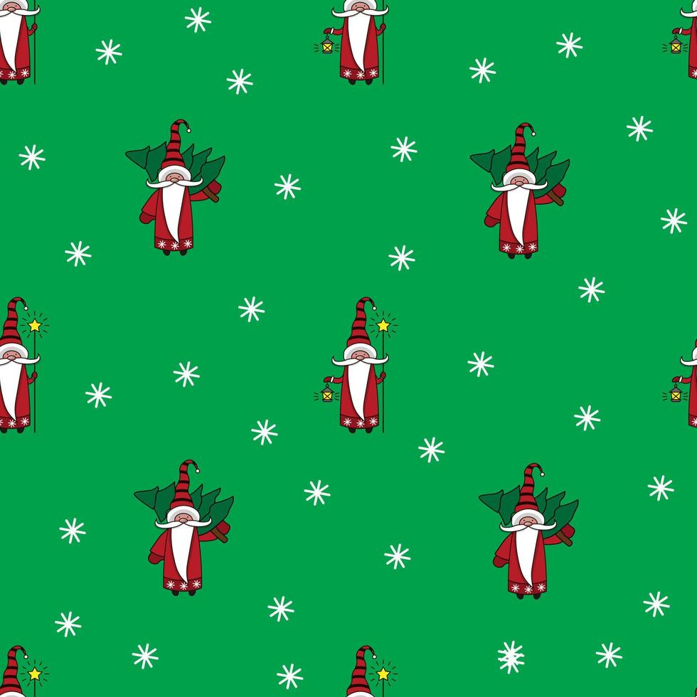 Christmas seamless pattern with gnomes, trees and snowflakes vector