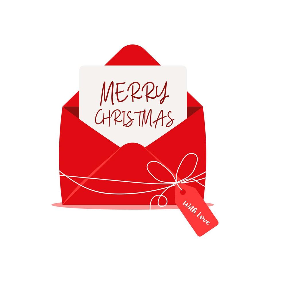 Holiday christmas greeting card in red open envelope. vector