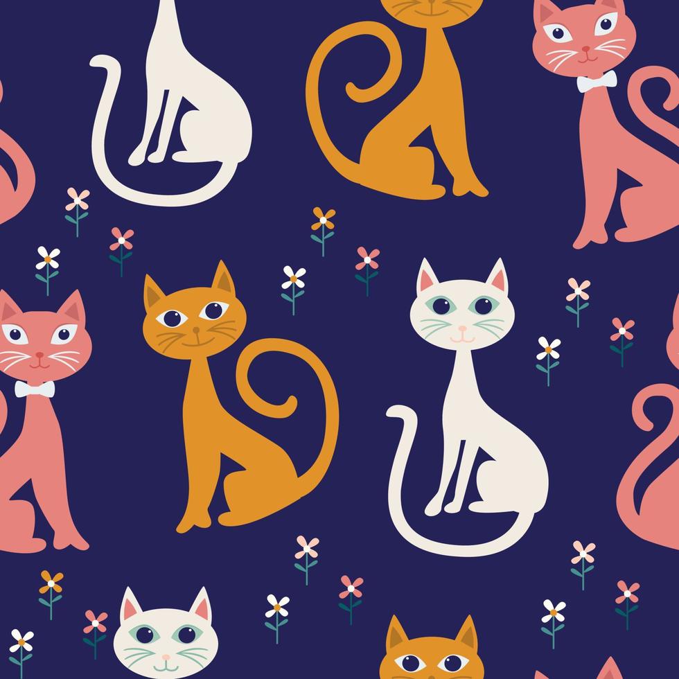 Seamless pattern with cats and flowers vector