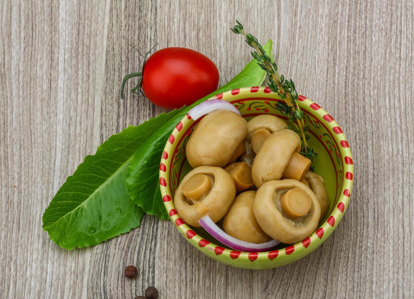 Pickled champignon in a bowl on wooden background photo