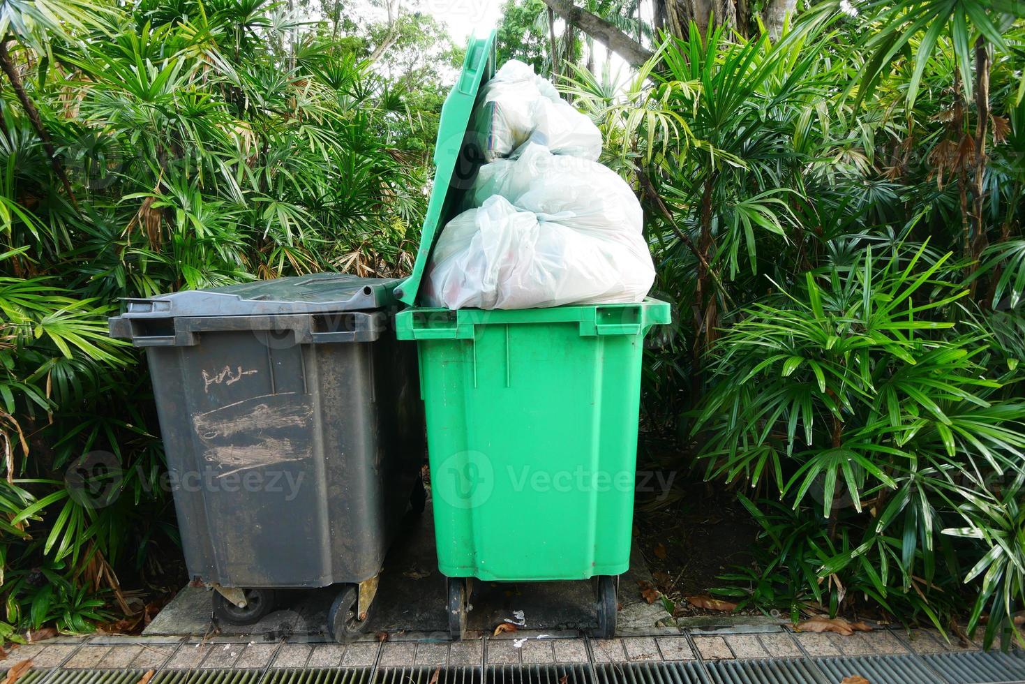 Bag with garbage and rubbish bin photo