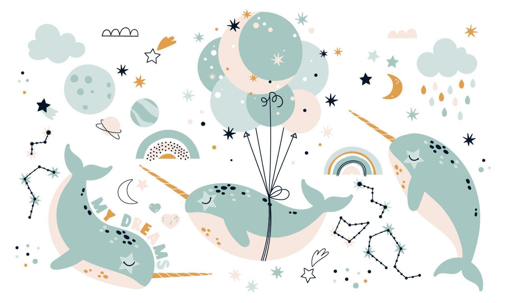 Fantasy Narwhals with stars and rainbows. A set of elements for children's design vector