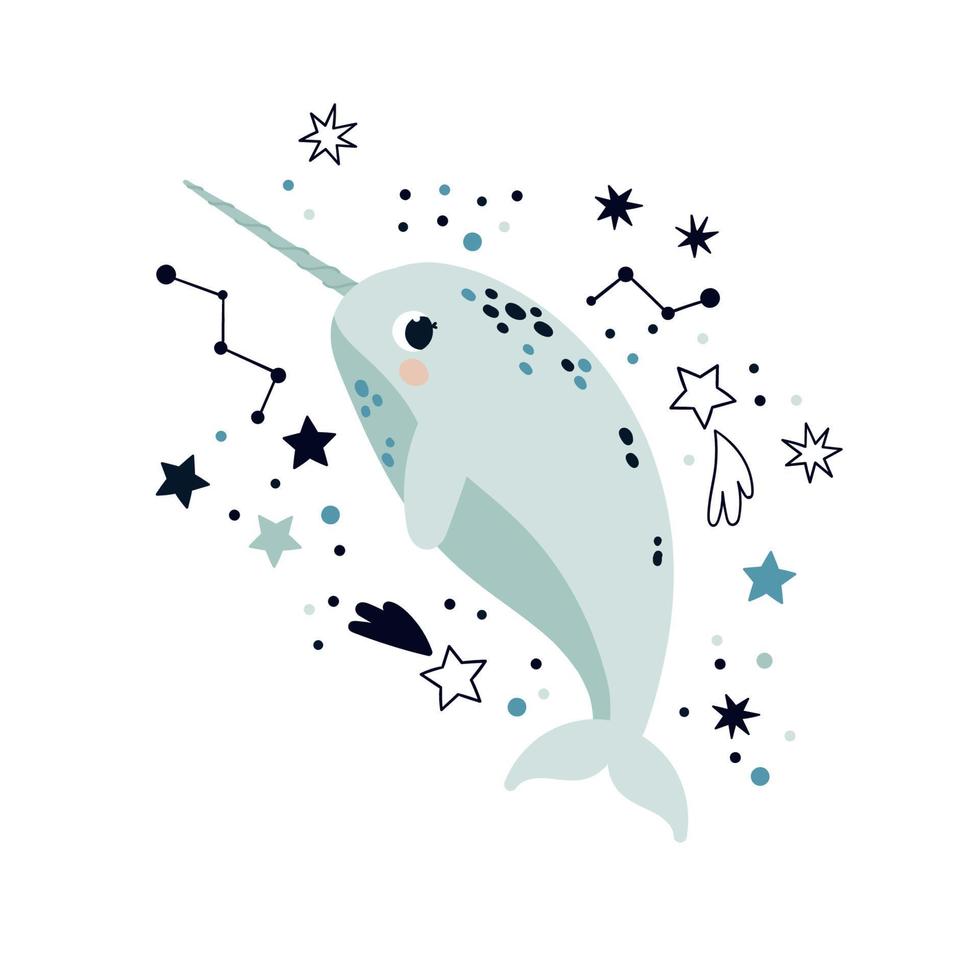 Narwhal with cosmic stars. Magical illustration with a sea unicorn vector