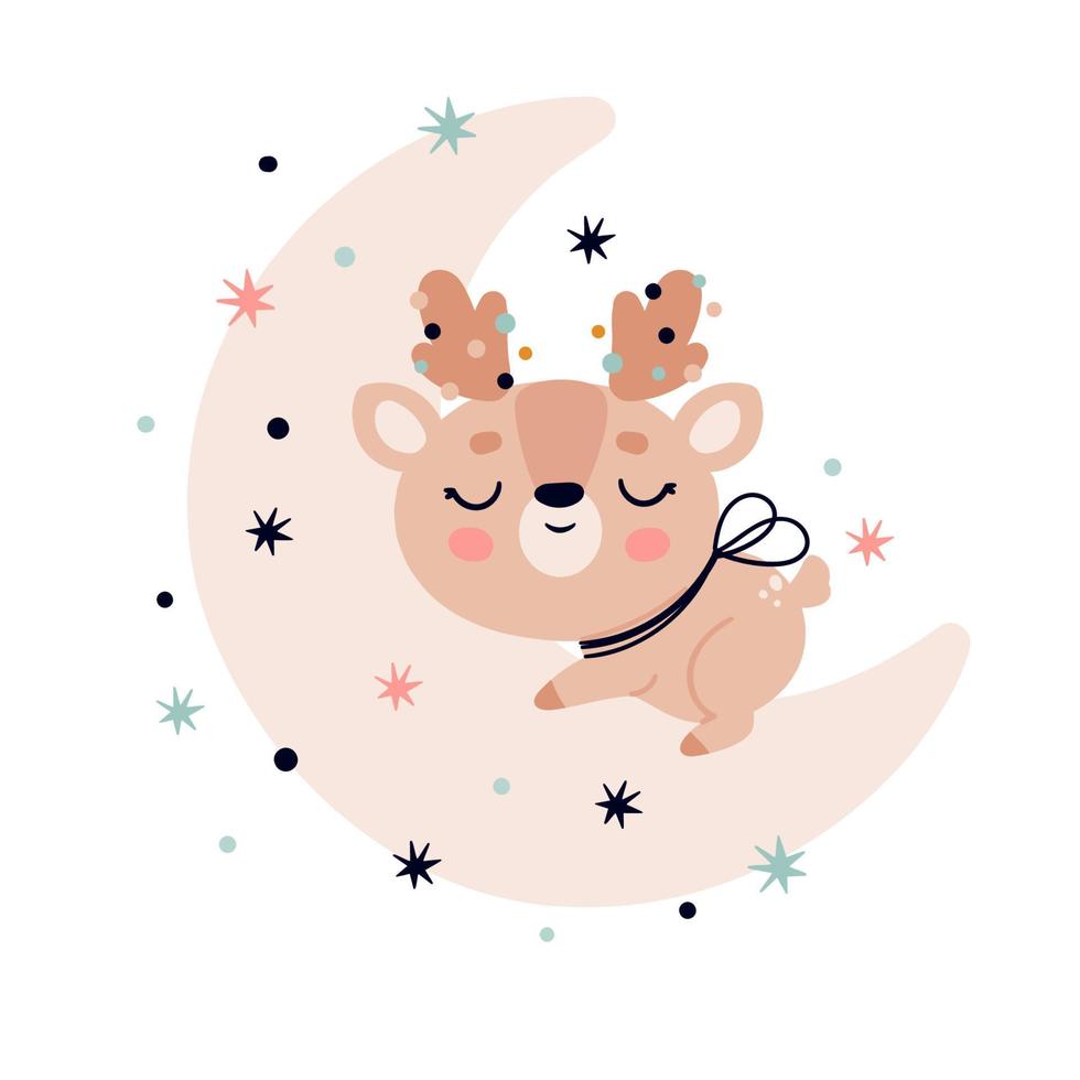 A cute reindeer sleeps on the moon. Vector illustration