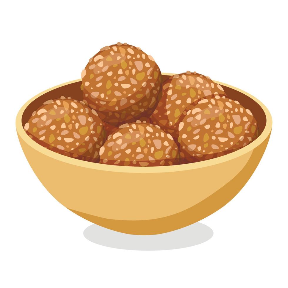 Plate with Indian sweets laddoo isolated on white. Traditional dessert for many Hindu festivals. Vector illustration