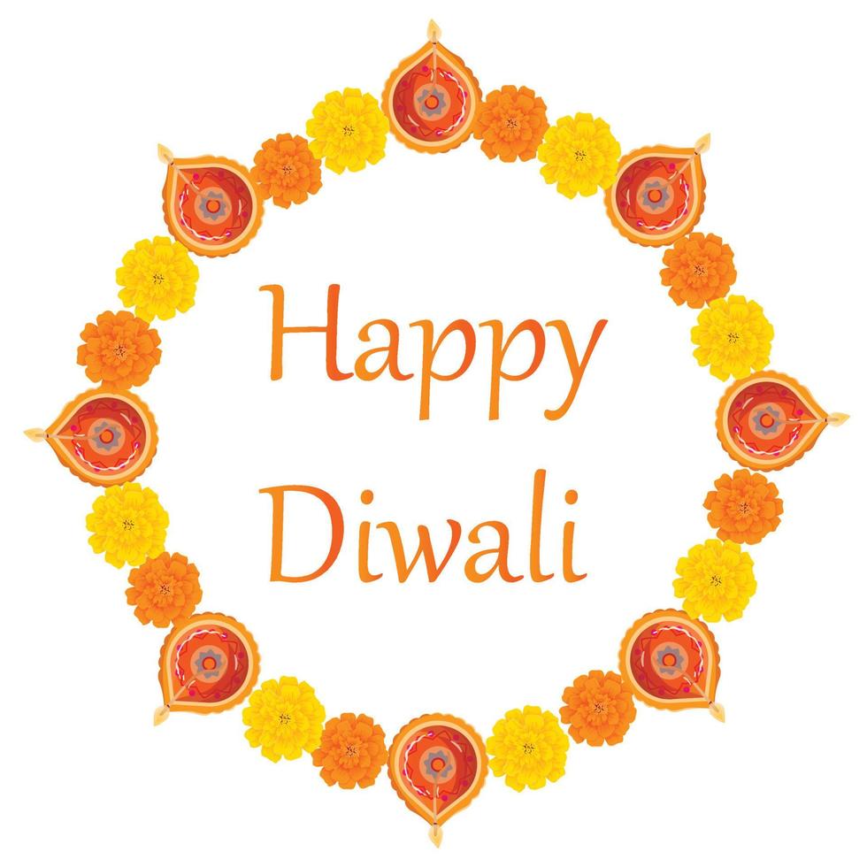fiesta tradicional de la celebración de las luces en la india. diseño de marcos con diyas y flores para el festival hindú diwali. diseño de tarjetas de felicitación. vector