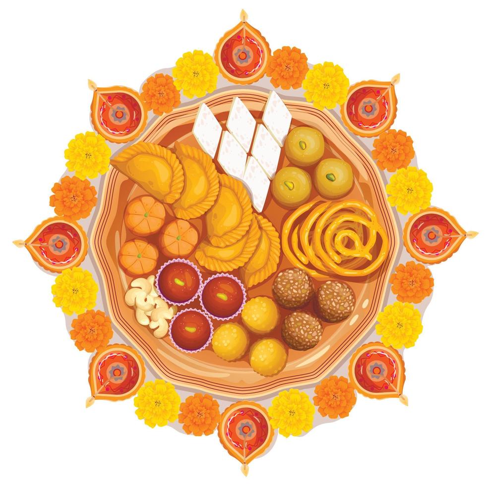 ilustración de diya ardiente y flores de caléndula con dulces variados y bocadillos para el festival ligero de la india. fondo de vacaciones diwali vector