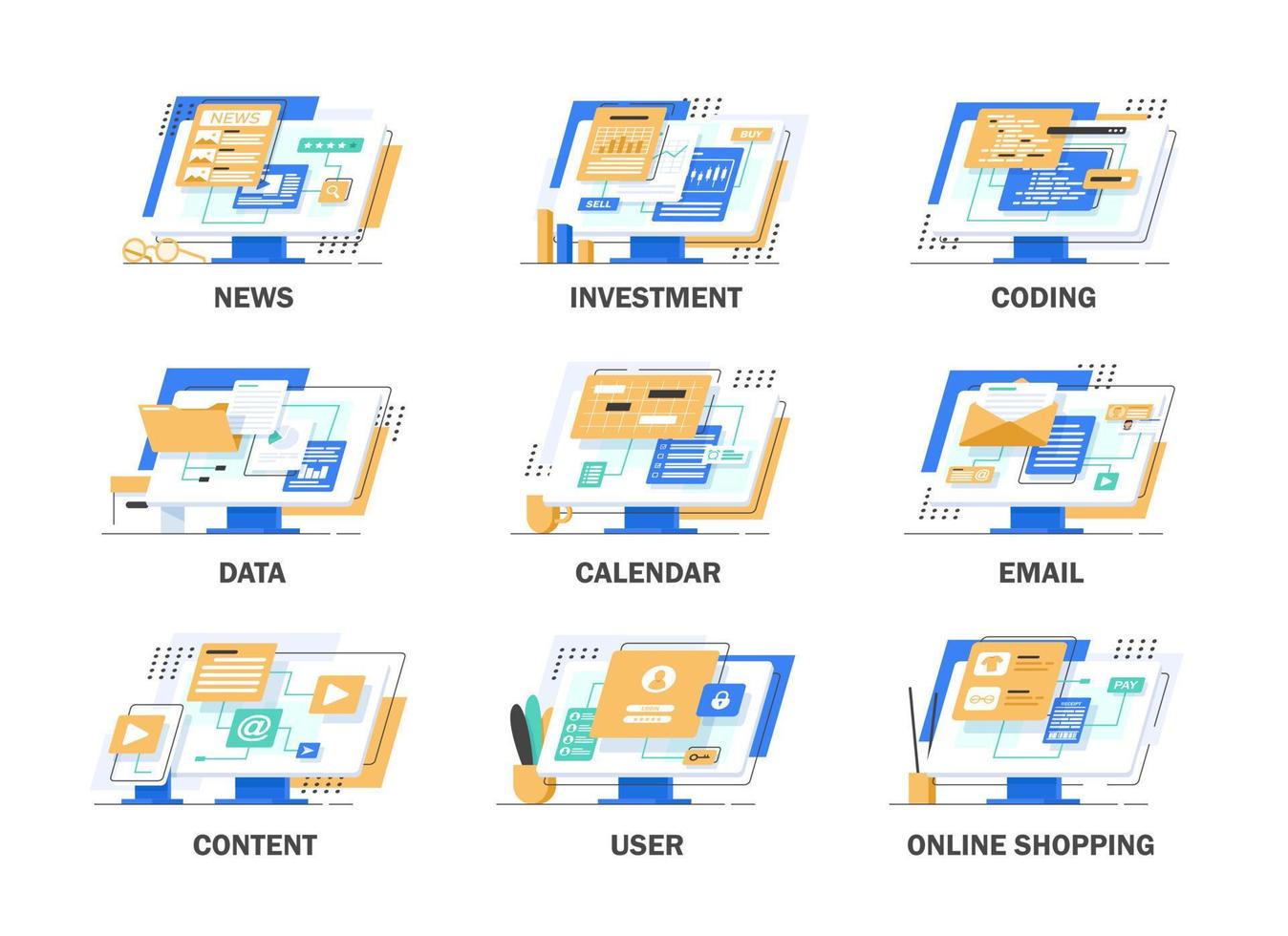news,investment,coding,data,calendar,email,content,user,online shopping,flat design icon vector illustration