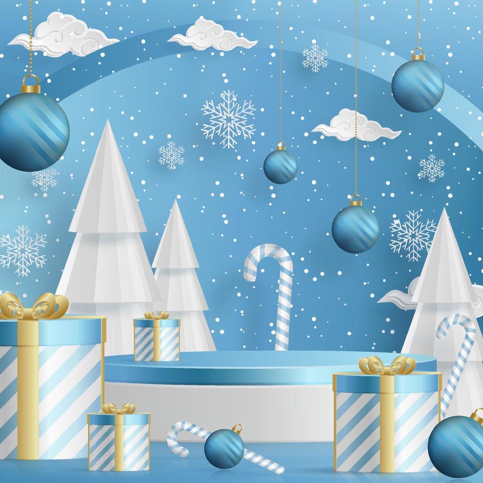 Podio de venta de invierno 3d para ilustración de banner en patrón festivo con concepto de copos de nieve vector