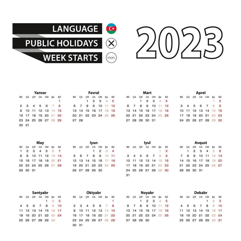 calendario 2023 en idioma azerbaiyano, la semana comienza el lunes. vector