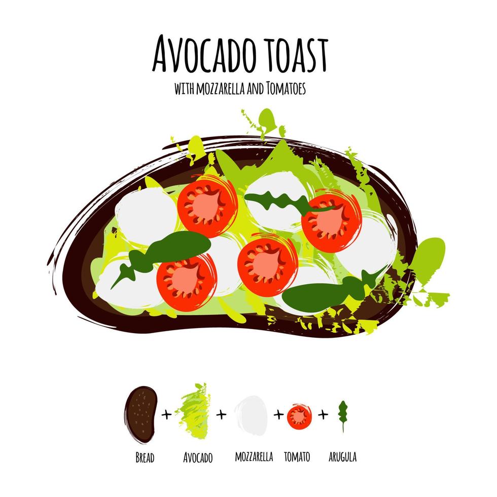 Vector illustration avocado hummus toasts with tomatoes, mozzarella