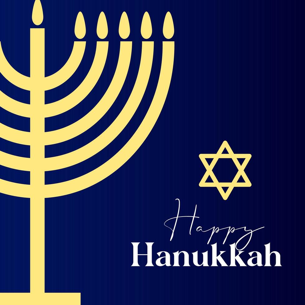 Happy Hanukkah card design with gold symbols on blue color background for Hanukkah Jewish holiday vector