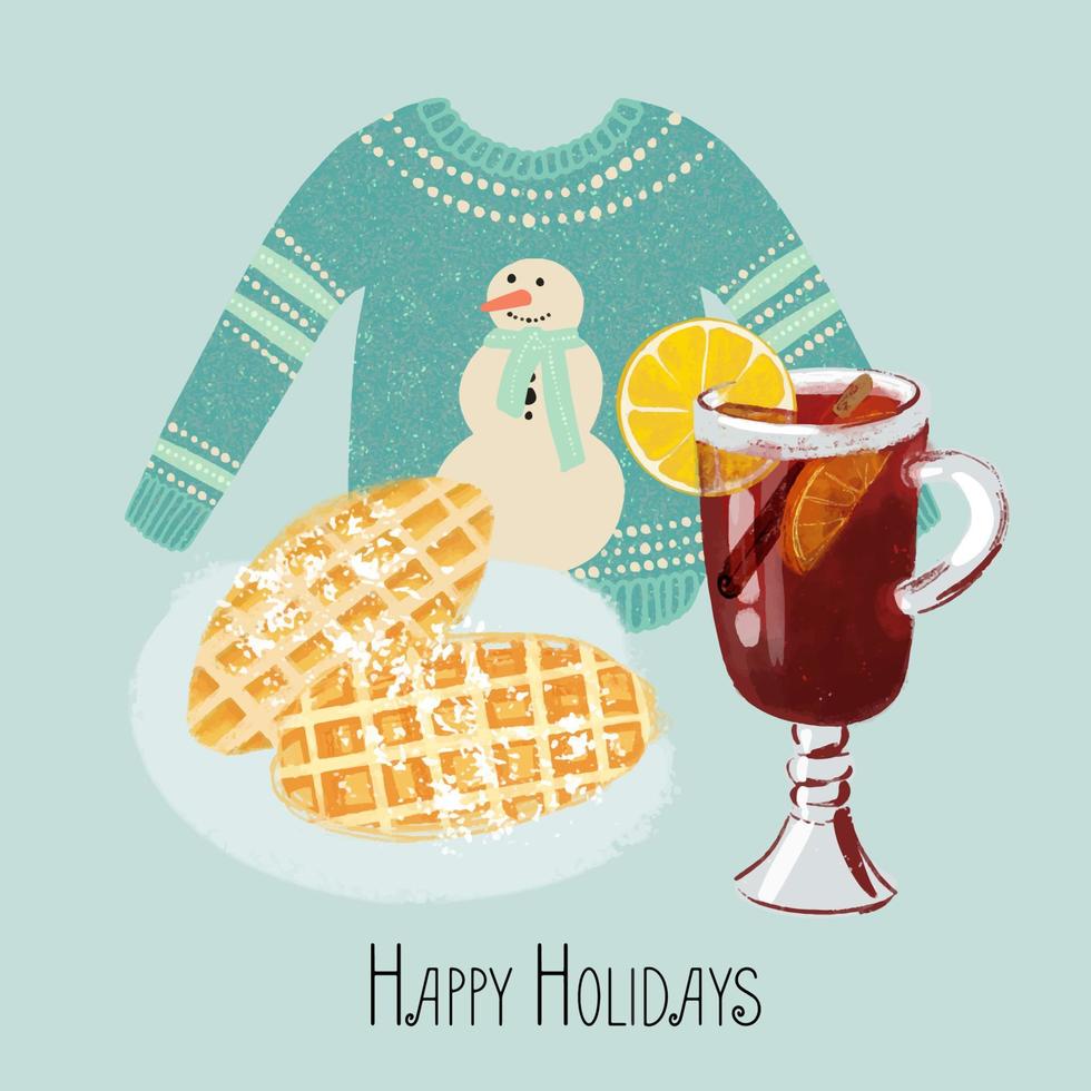 Mulled wine, waffles and sweater illustration with text Happy Holidays vector