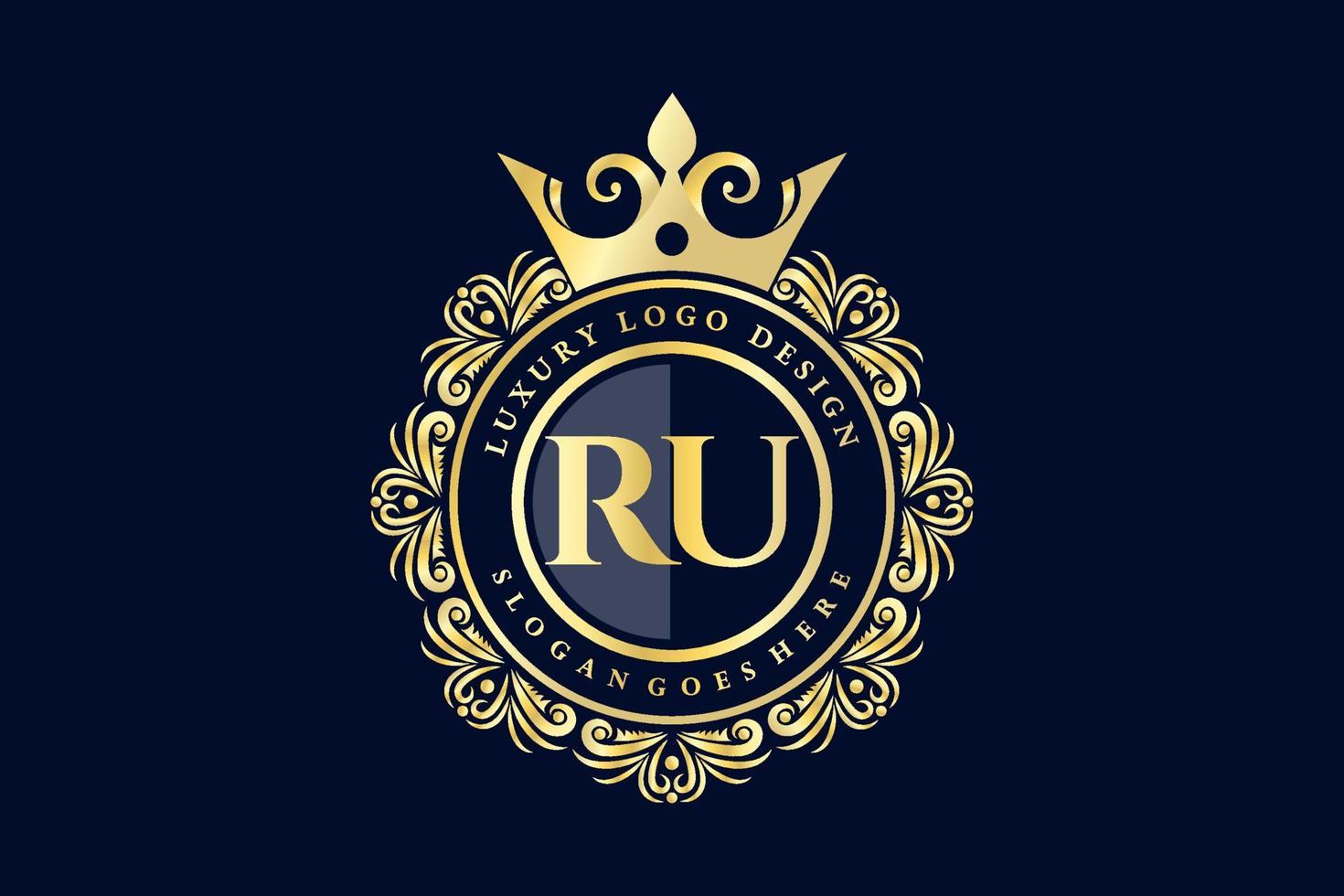 RU Initial Letter Gold calligraphic feminine floral hand drawn heraldic monogram antique vintage style luxury logo design Premium Vector