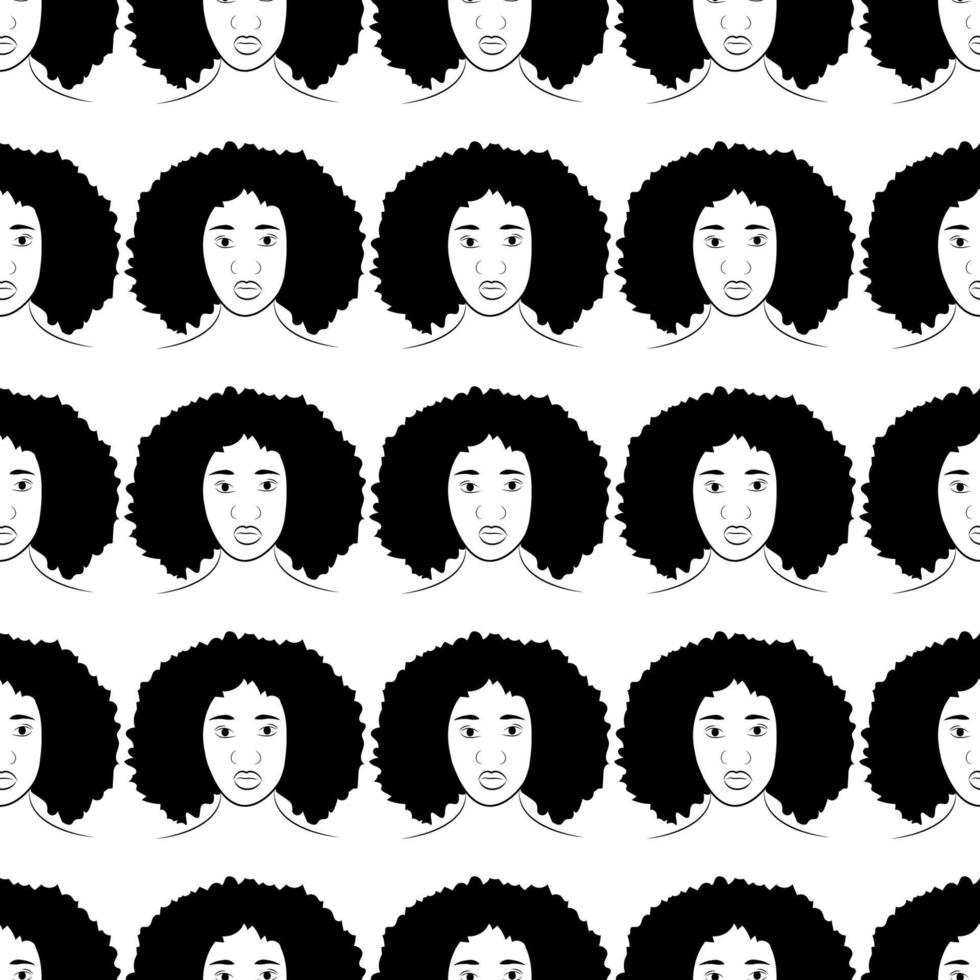 siluetas de hembras negras, perfil facial, viñeta. mujer afro de perfil. patrón transparente de vector dibujado a mano sobre fondo blanco. diseño para invitación, tarjeta de felicitación, estilo vintage.