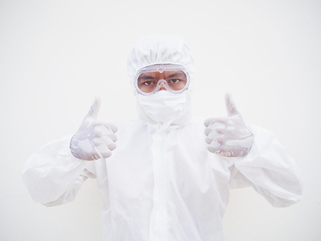 Asian male doctor or scientist in PPE suite uniform showing thumbs up. coronavirus or COVID-19 concept isolated white background photo