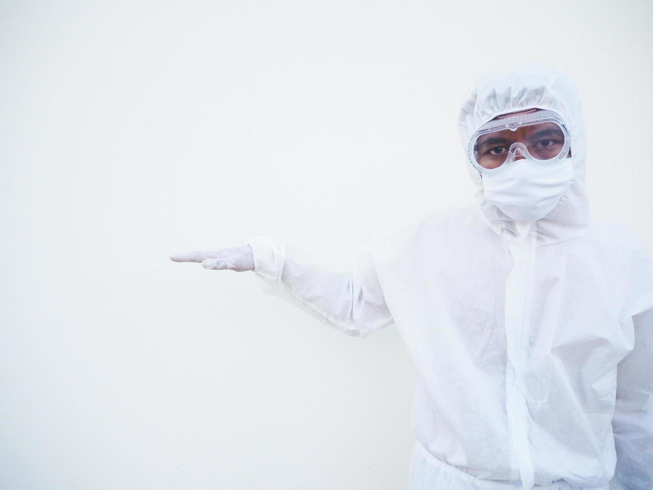 Doctor or scientist in PPE suite uniform showing hands down with copy space for text or design. coronavirus or COVID-19 concept isolated white background photo