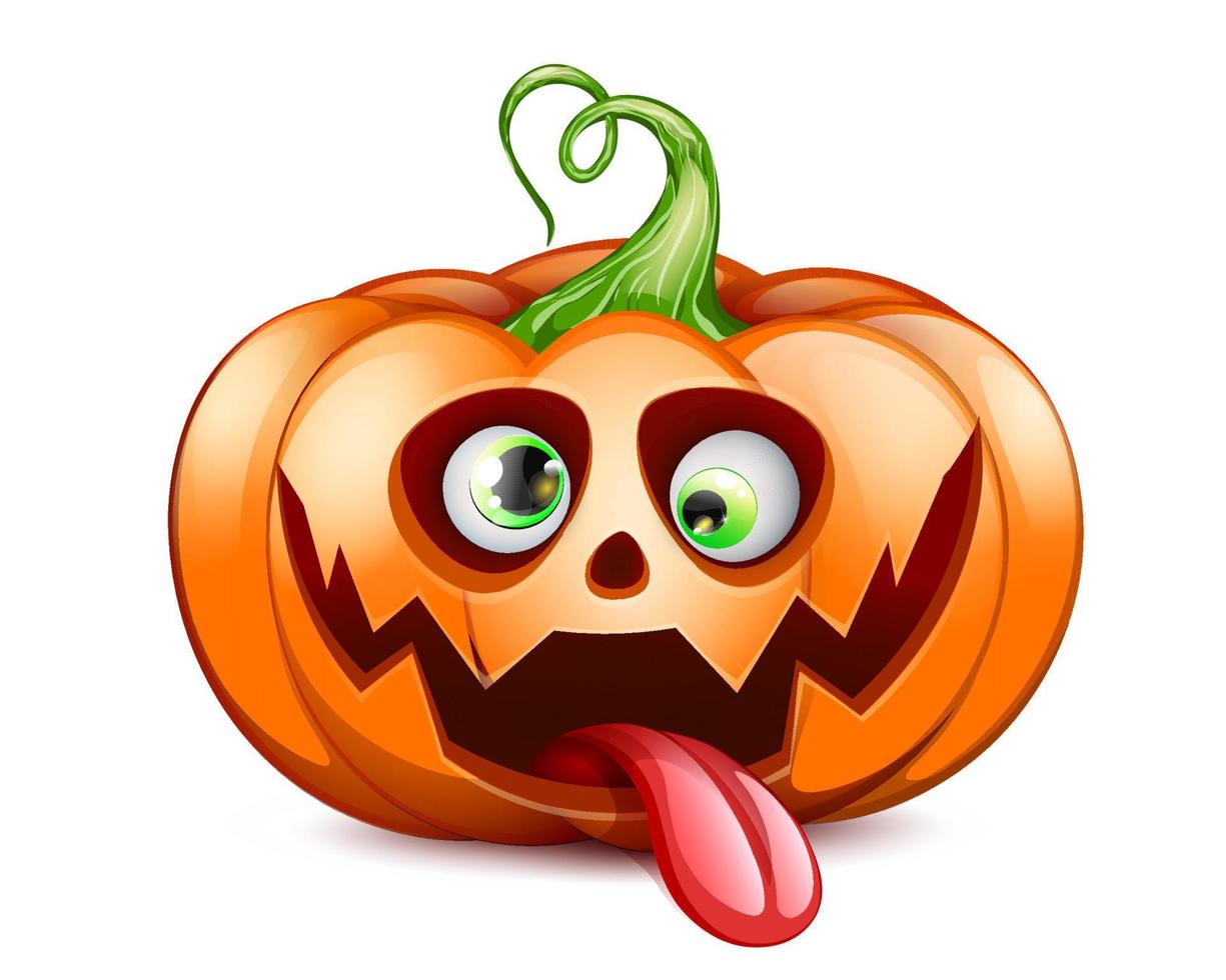 Crazy cartoon Halloween pumpkin with scary face, crossed eyes, tongue out and funny curly tale vector