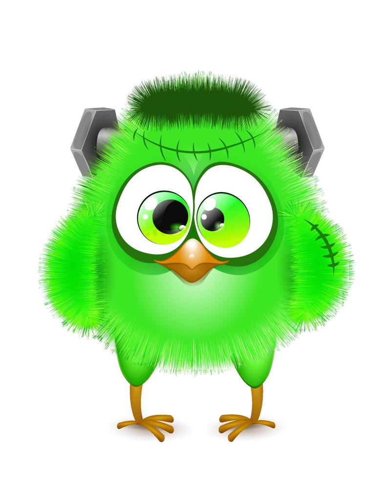 Cartoon fluffy funny little Chick in green Halloween costume of Frankenstein vector