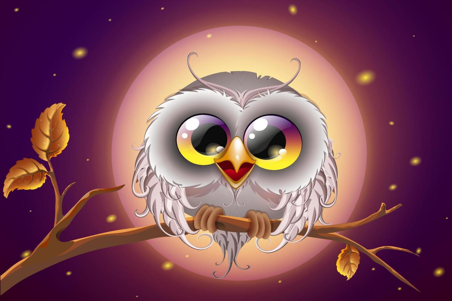 Cute fluffy funny cartoon Owl sitting on tree branch on the full moon night background. vector