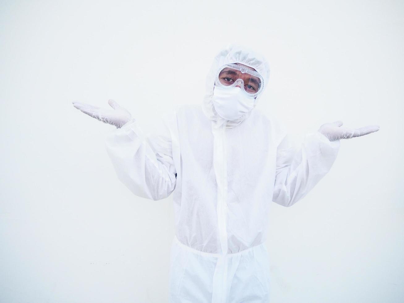 Positive young doctor or scientist in PPE suite uniform showing both hands open palms with copy space. coronavirus or COVID-19 concept isolated white background photo