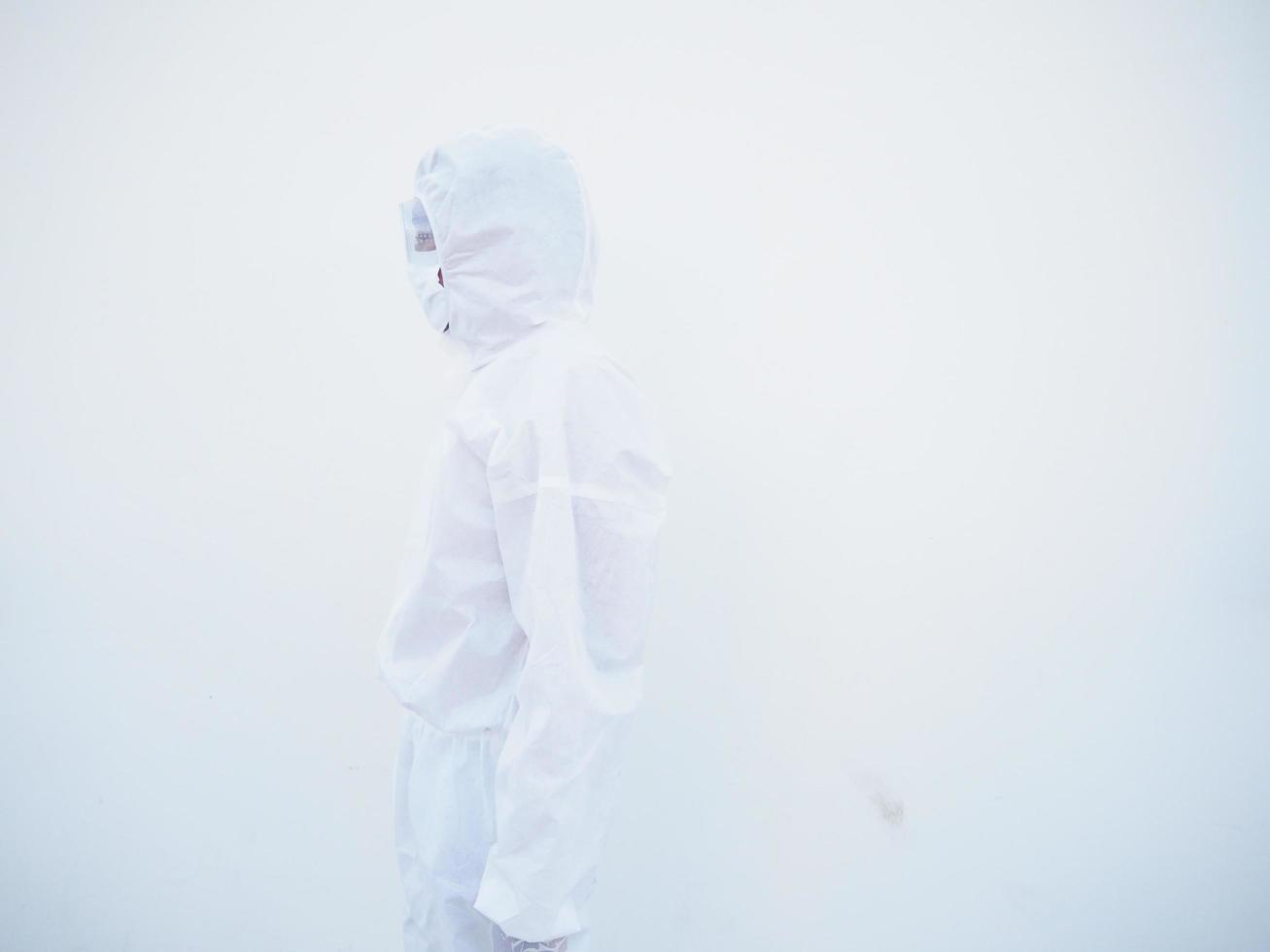 Side view doctor or scientist in PPE suite uniform standing with like walk forward. coronavirus or COVID-19  isolated white background photo