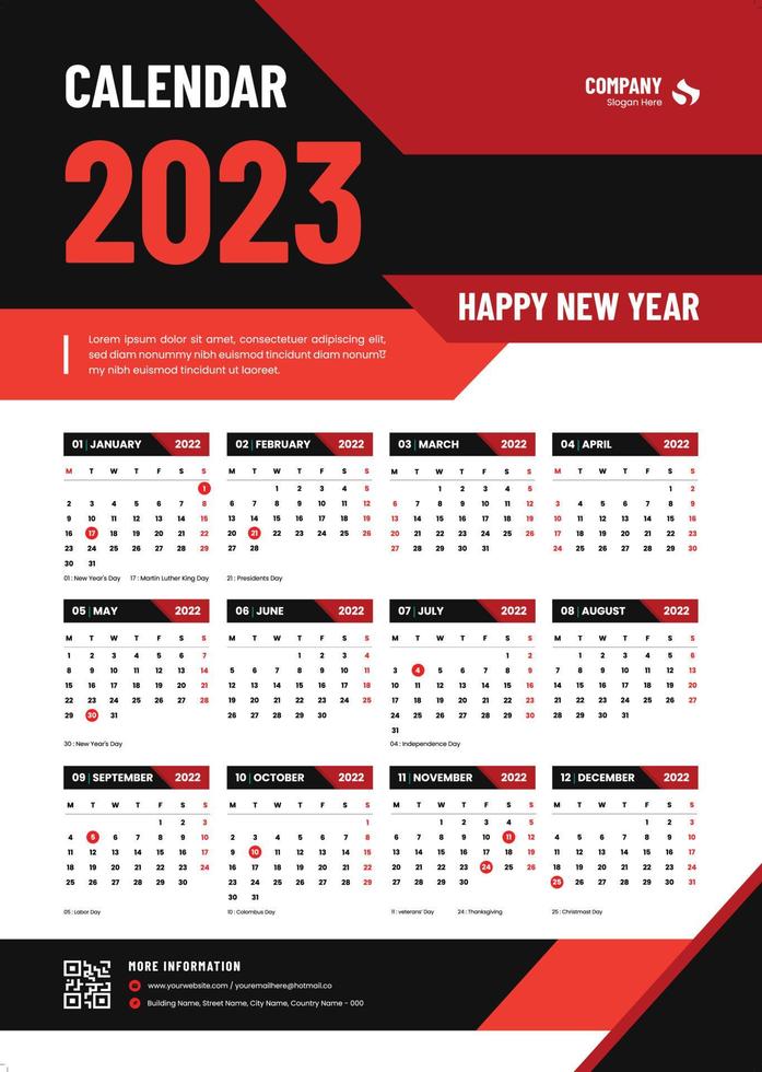 Plantilla de vector de calendario mensual semanal 2023