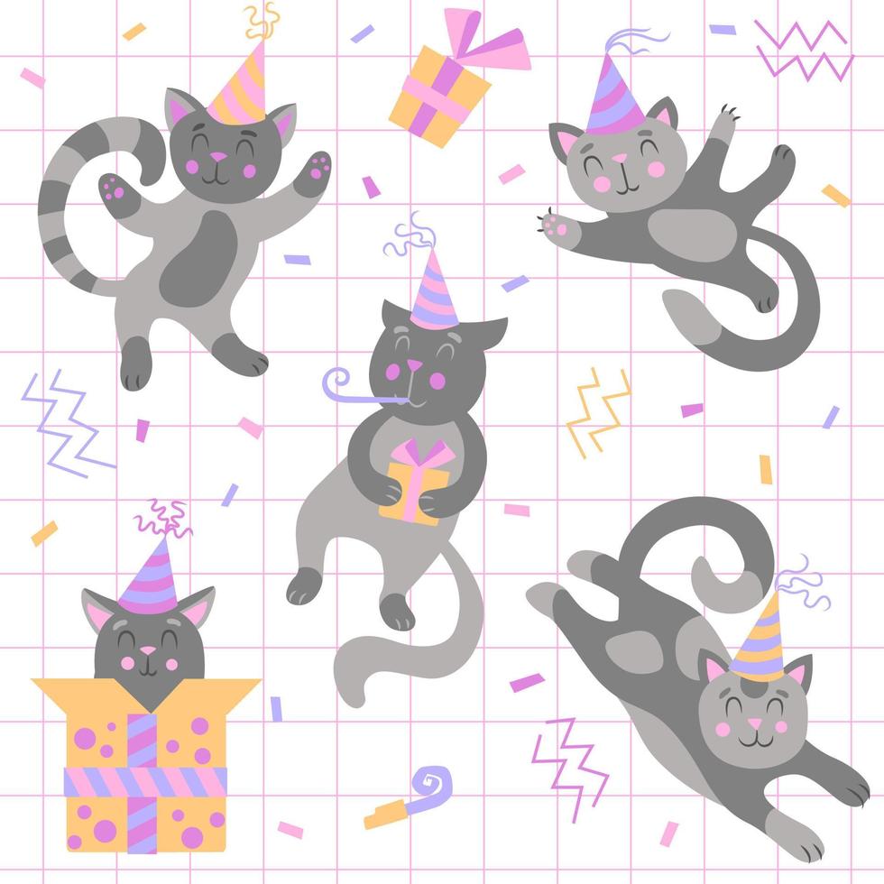 Cute cats in various poses, a birthday cap on the head, the cat is whistling in a birthday whistle, the cat sits in a gift box. Set. Poster, seamless pattern, postcard. vector