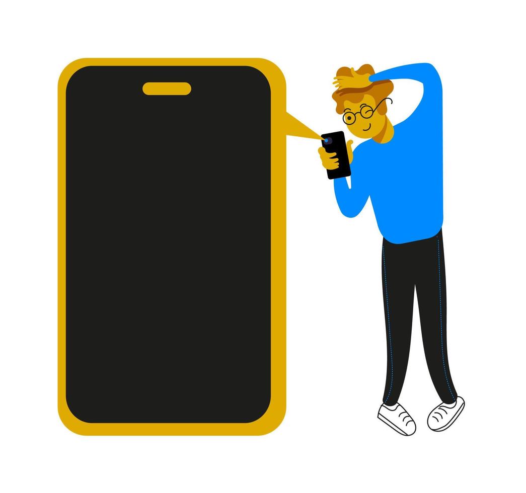 a young man in glasses, a blue sweater and black trousers, holds a mobile phone in his hands. Poster, template for text. vector