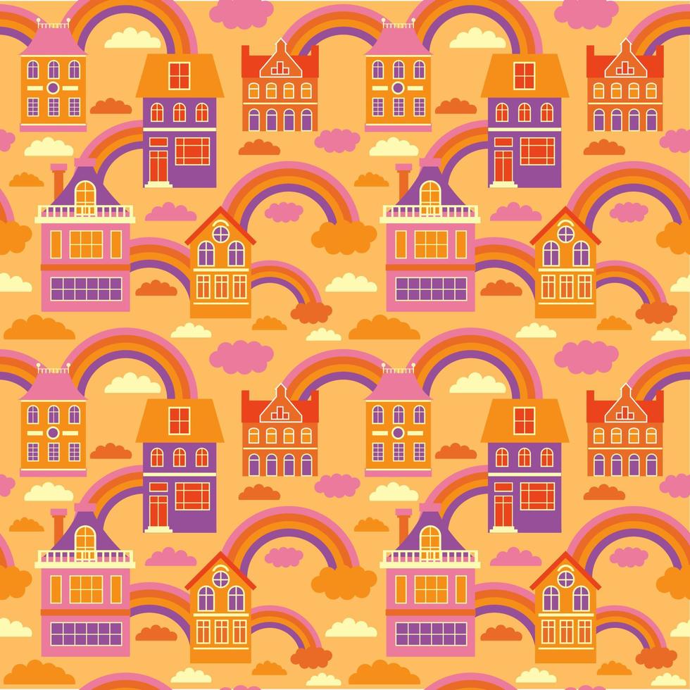colorful houses in a row above the houses - rainbow and clouds. seamless pattern. vector