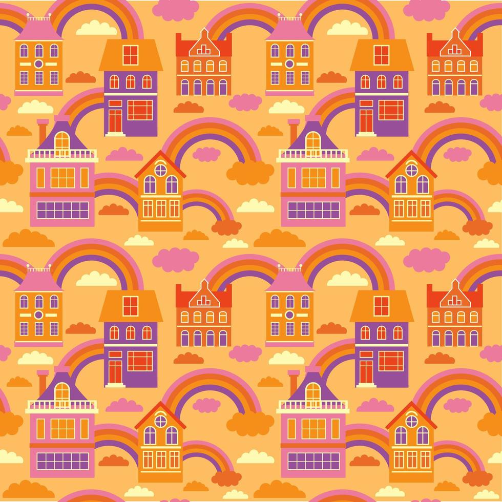 colorful houses in a row above the houses - rainbow and clouds. seamless pattern. vector